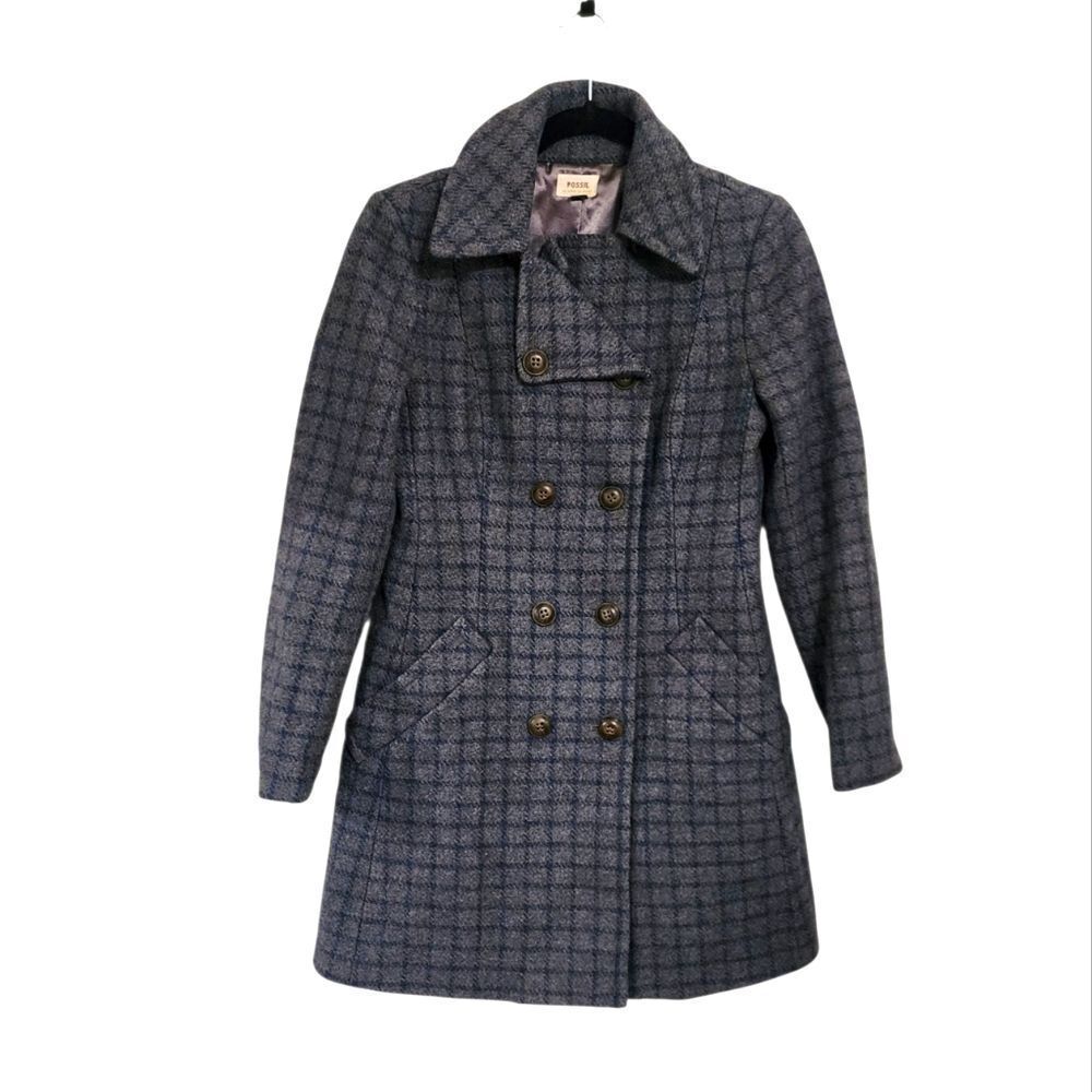 Fossil Double Breasted Pea Coat S Gray Blue Plaid Wool Heritage Acedamia Grunge